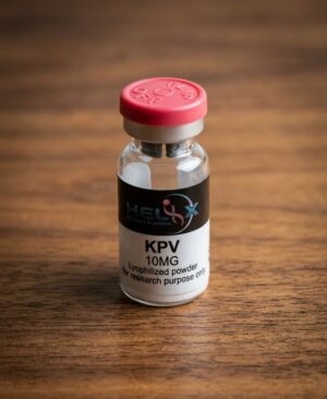 Lyophilisiertes KPV-Peptid-Pulver in einem klinischen Glasvial mit weißem Verschluss.