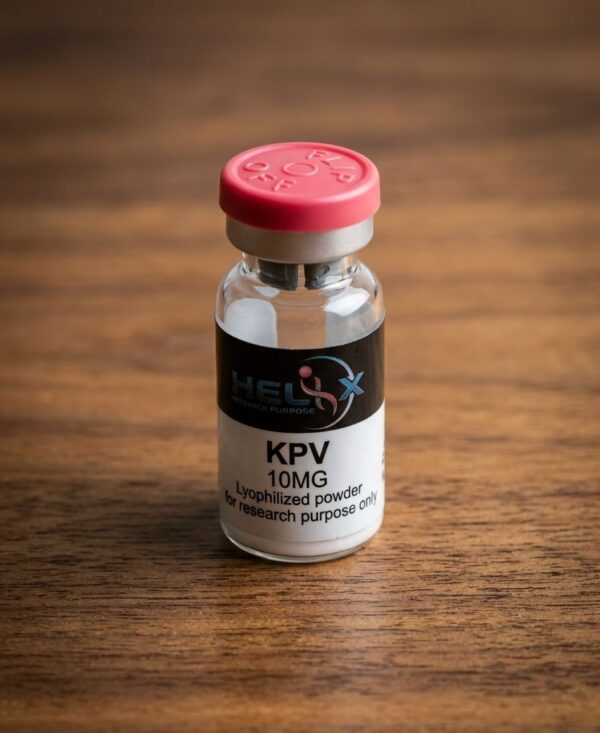 Lyophilisiertes KPV-Peptid-Pulver in einem klinischen Glasvial mit weißem Verschluss.