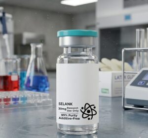 Hochwertiges Fläschchen mit Selank-Peptid und Nasenspray-Applikator auf sauberem, klinisch weißem Hintergrund zur Darstellung der Anwendung gegen Angstzustände.