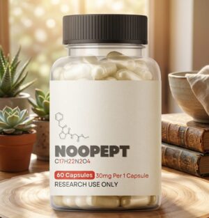 Eine Dose Noopept-Kapseln neben einem Glas Wasser, die als kognitiver Verstärker und Gehirn-Supplement dargestellt wird.