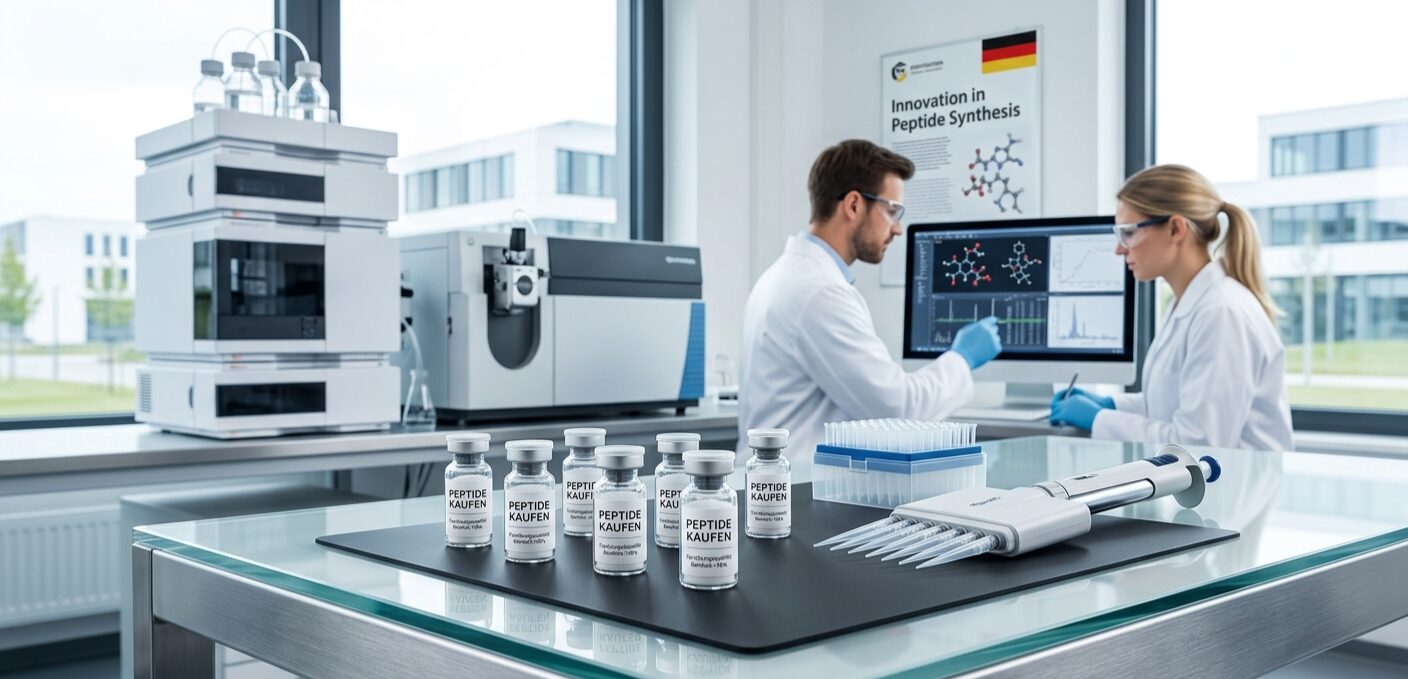 peptide kaufen Ein modernes, sauberes Labor in Deutschland, in dem zwei Forscher in weißen Kitteln Peptide für die Forschung synthetisieren und analysieren. Im Vordergrund stehen klare Vials mit Peptidpulver, bereit für den Versand.
