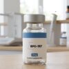 BPC-157 5mg Vial mit lyophilisiertem Pulver, hochreines Peptid für Laboruntersuchungen in einer Glasampulle mit blauem Verschluss.