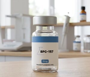BPC-157 5mg Vial mit lyophilisiertem Pulver, hochreines Peptid für Laboruntersuchungen in einer Glasampulle mit blauem Verschluss.