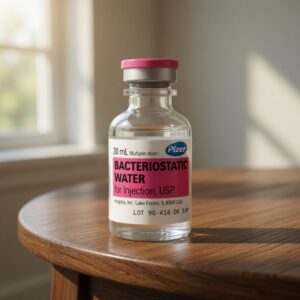 Glasklarer Behälter mit bacteriostatic Wasser zur Injektion, mit blauem Sicherheitsverschluss und Etikett für Benzylalkohol-Zusatz.