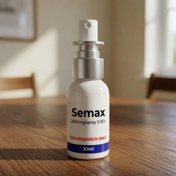 Semax Nasenspray-Flasche zur kognitiven Steigerung und Neuroprotektion auf medizinischem Hintergrund.